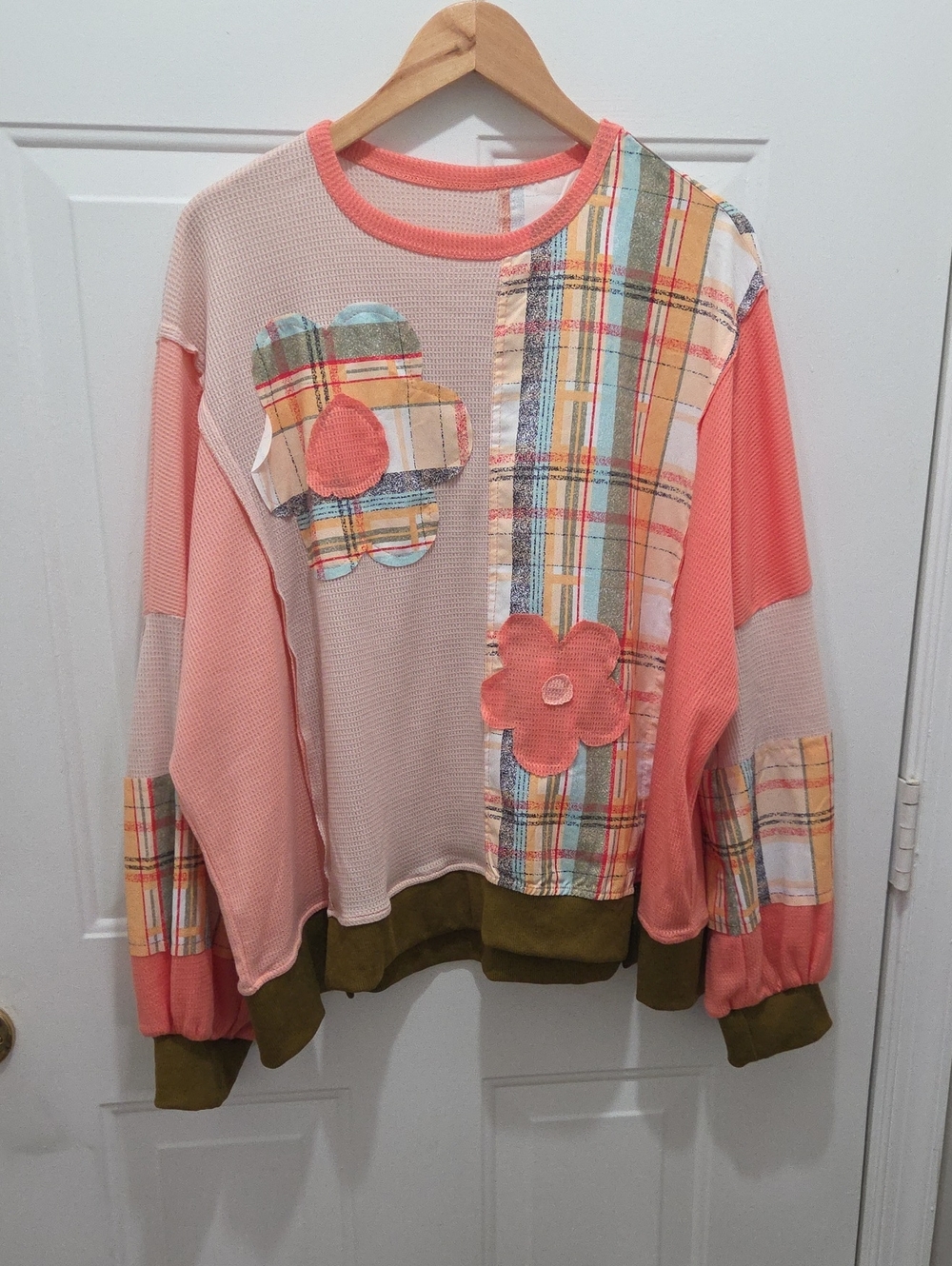 Oversized Coral Plaid Patchwork Sweatshirt One Size